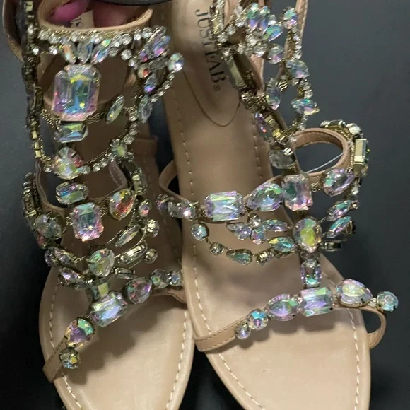JustFab Women's Sandals with Iridescent Gems and Gold Accents - Picture 1 of 4